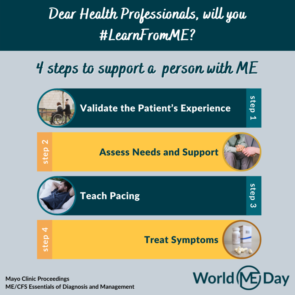 Infographic with text:
Dear health professionals, will you #LearnFromME?
4 steps support a person with ME
1. Validate the patient's experience
2. Assess needs and support
3. Teach pacing
4. Treat symptoms

Mayo Clinic Proceedings - ME/CFS Essentials of Diagnosis and Management

World ME Day