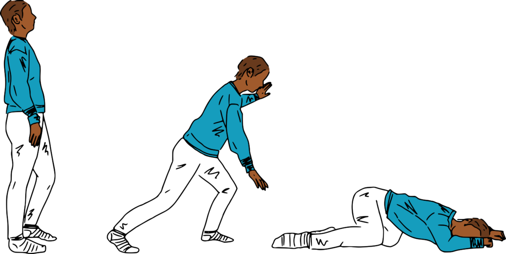 Three illustrations of a person of colour walking, then strugging to walk further, then lying on the ground, demonstrating how pushing harder can make you sicker. 